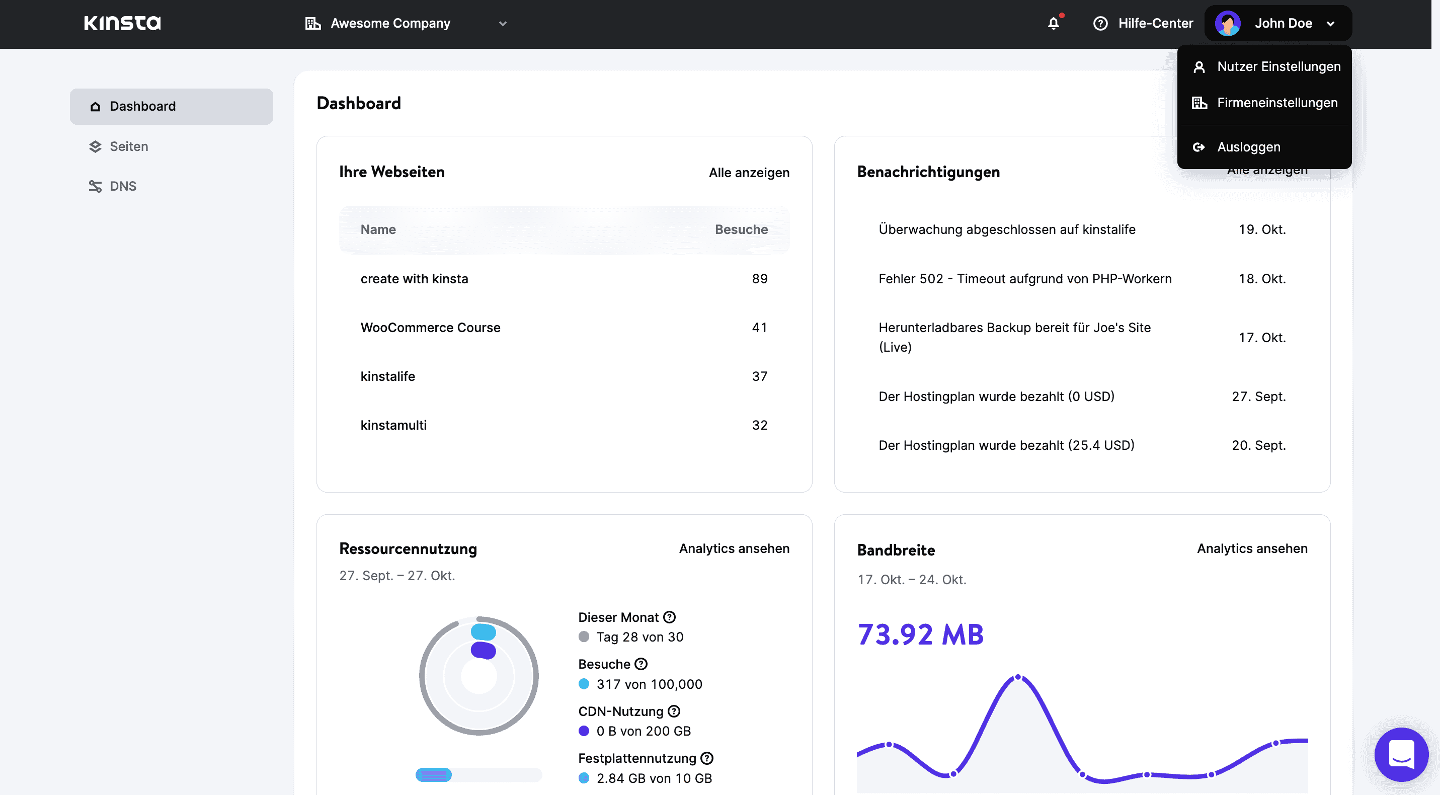 Ein Blick auf das neue MyKinsta-Dashboard.