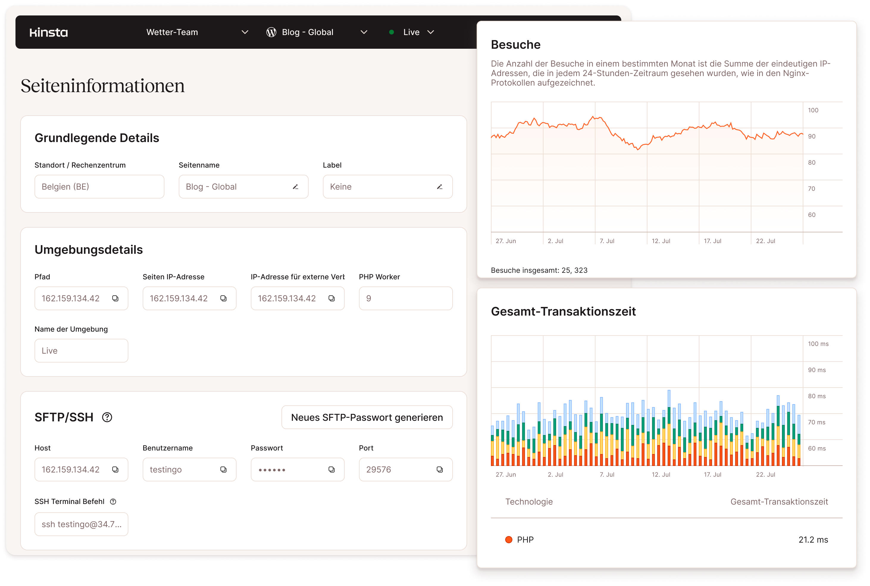 Screenshots der MyKinsta WordPress Website-Verwaltungsfunktionen