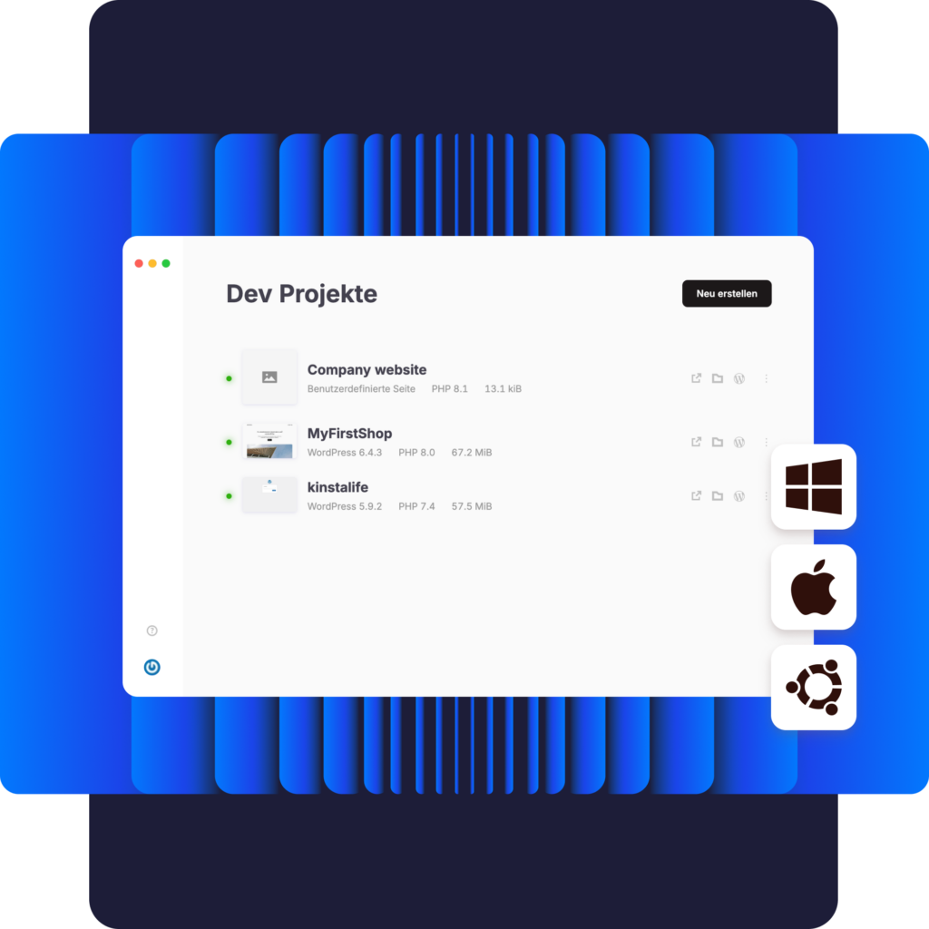 Screenshot der DevKinsta-Anwendung