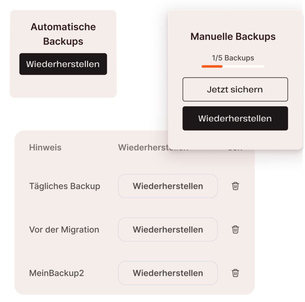 Screenshots der Datenbank-Backup-Funktionalität