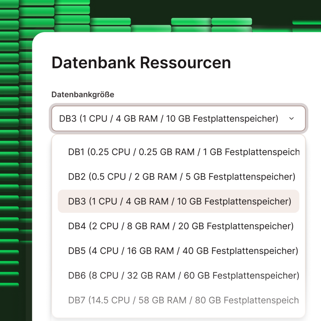 Screenshot zeigt den Selektor für verschiedene Datenbank-Ressourcenstufen
