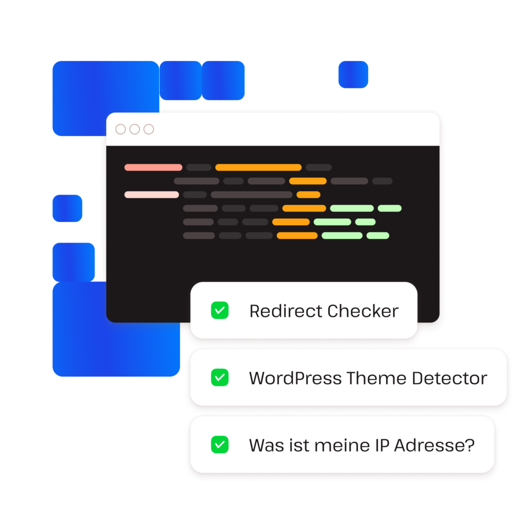 Beispiele für WordPress-Entwickler-Tools wie: Redirect Checker, WordPress Theme Detector und What is my IP