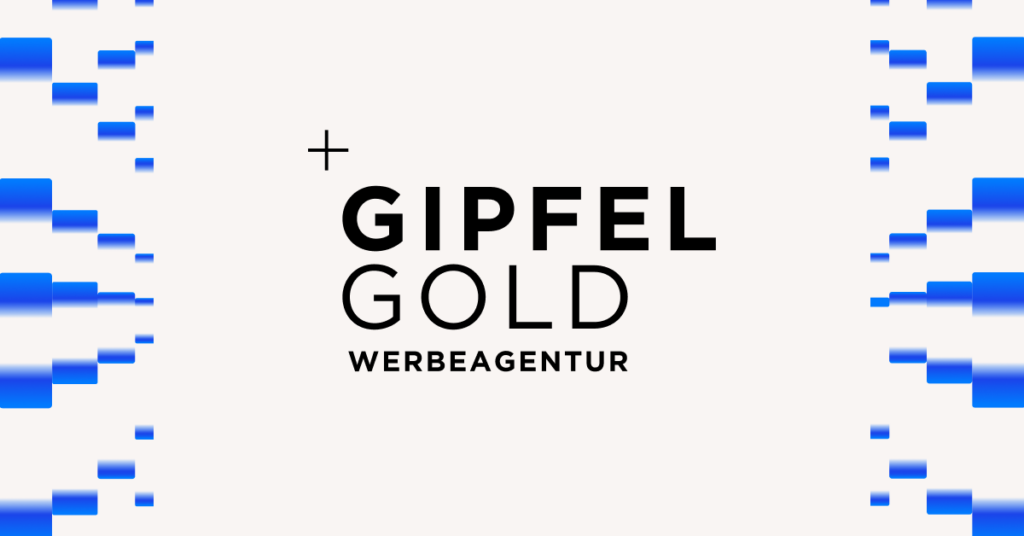 Gipfelgold logo on a white background with blue highlights on the sides