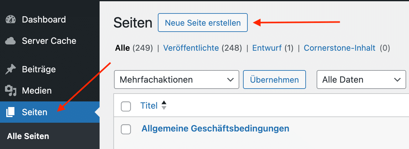 Screenshot wie man eine Seite in WordPress erstellt