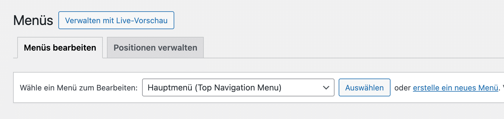 Screenshot der Menü Auswahl in WordPress