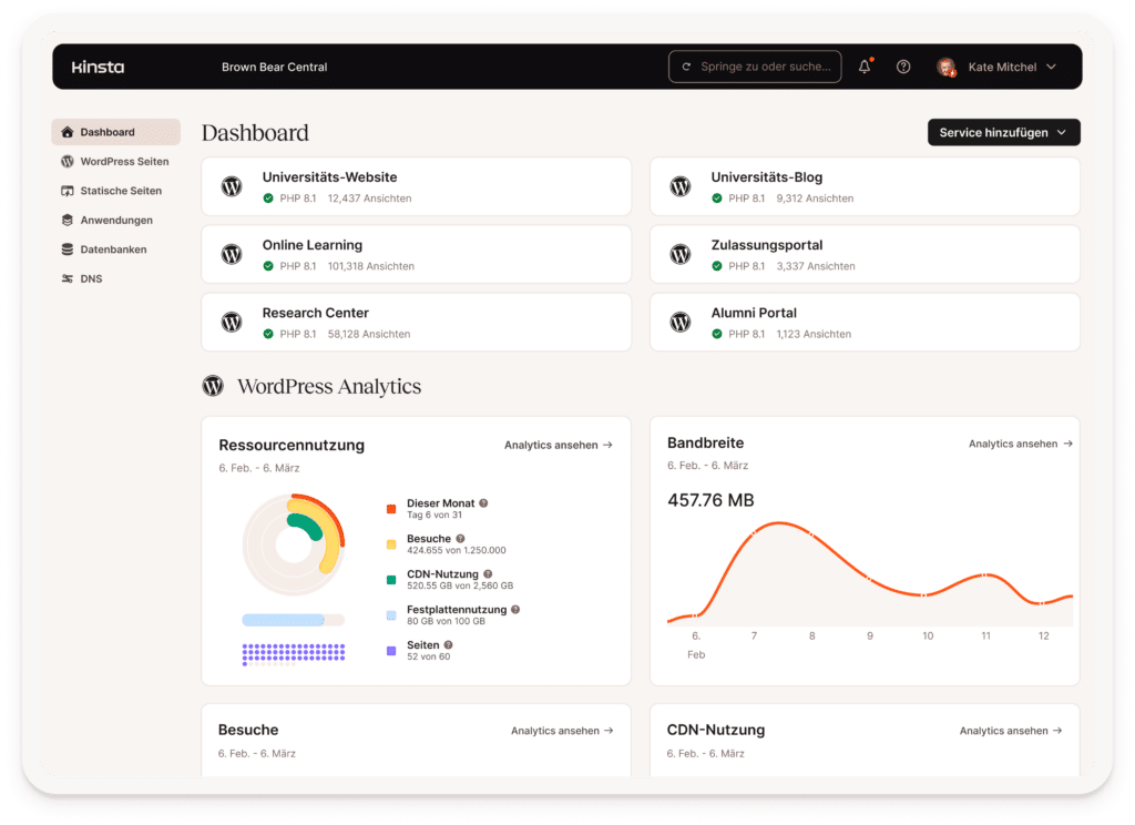 Bildungs-Kunden-Dashboard bei Kinsta mit Multisite