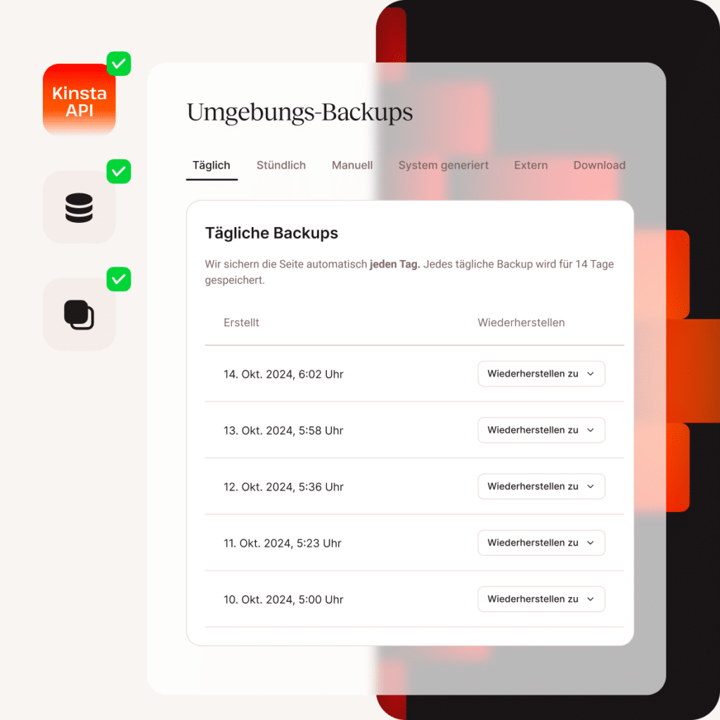 Dashboard-Oberfläche, die tägliche Website-Backups mit Datumsangaben und Wiederherstellungsoptionen anzeigt und die automatische Backup-Funktion hervorhebt.