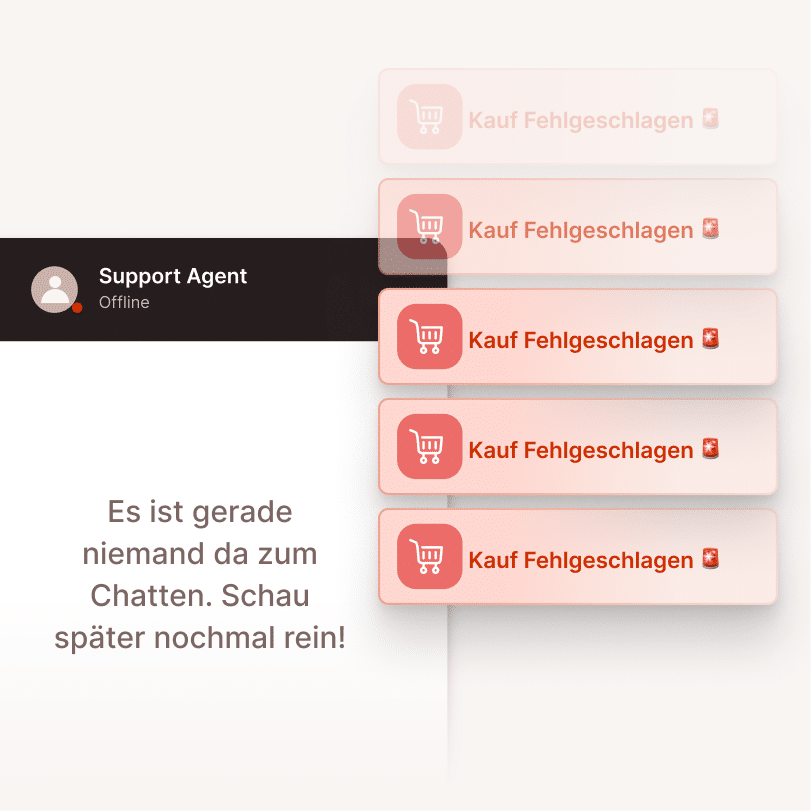 Ein Offline-Support-Chatfenster mit der Meldung „Niemand ist für einen Chat verfügbar“ neben mehreren Benachrichtigungen „Kauf fehlgeschlagen“ – das zeigt, dass Verkäufe verloren gehen und der Kundensupport nicht erreichbar ist.