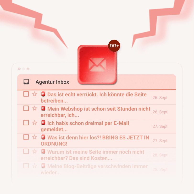 Der Posteingang der Agentur ist voll mit wütenden E-Mails von Kunden und einem roten Warnsymbol, das die Frustration der Kunden und die Schuldzuweisungen an die Agenturen wegen Ausfallzeiten zeigt.