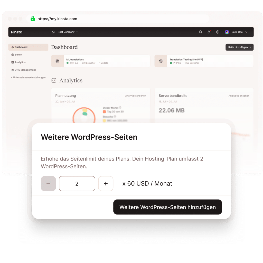 Füge weitere WordPress-Websites in MyKinsta hinzu