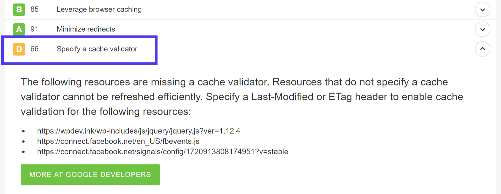 Angiv en cache validator advarsel