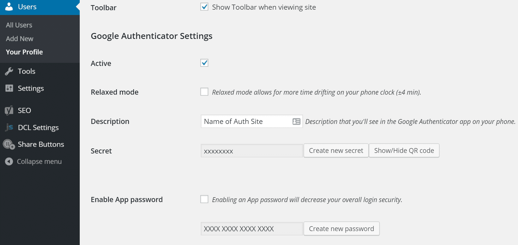 Indstillinger for Google Authenticator