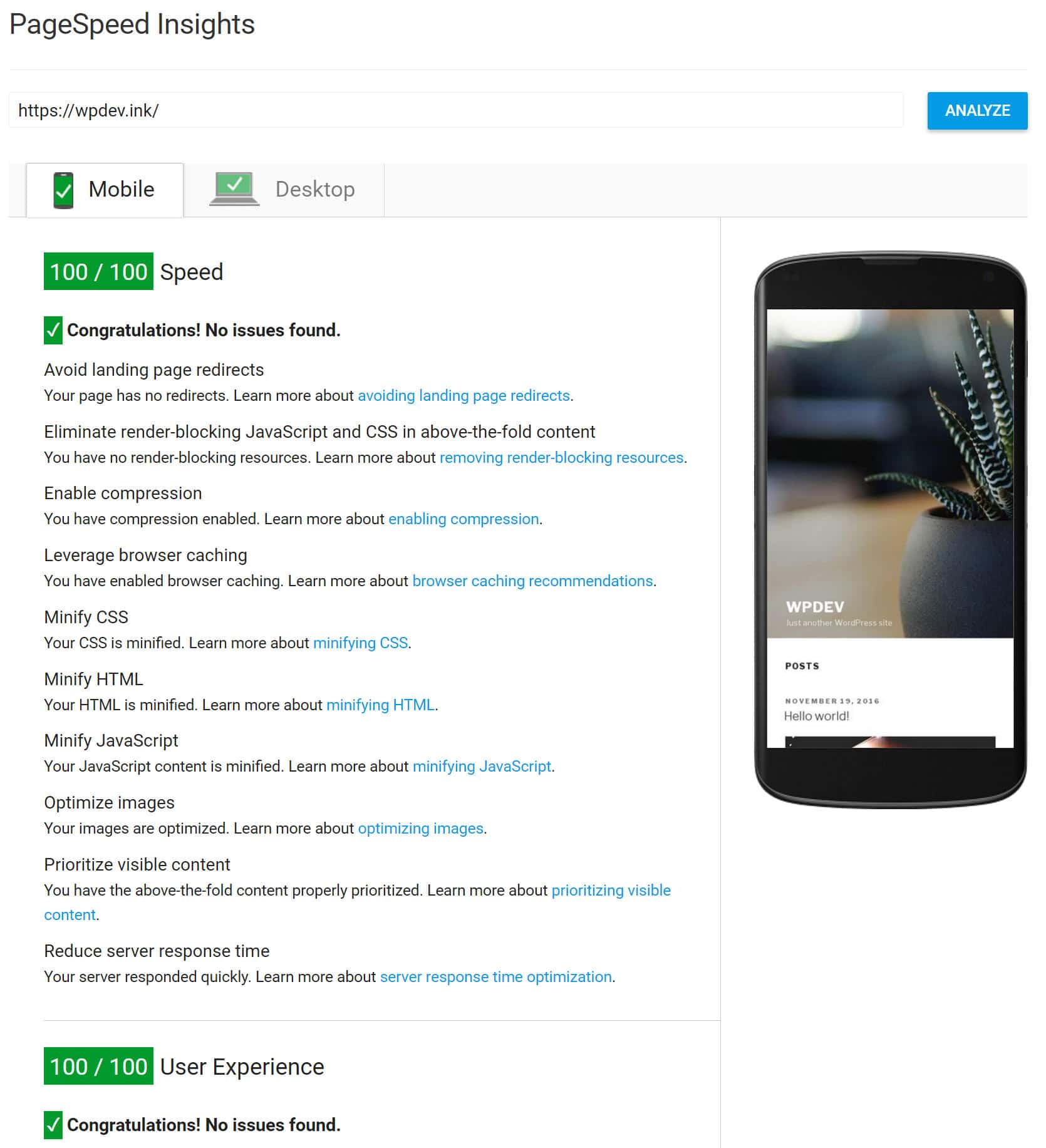 100/100 PageSpeed Insights mobile with Kinsta 100/100 PageSpeed Insights mobil med Kinsta