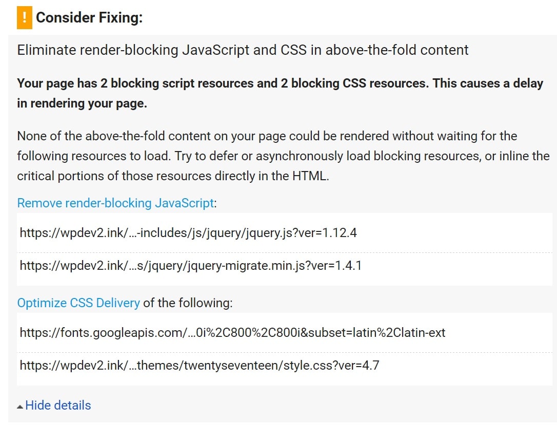 Eliminate render-blocking JavaScript and CSS warning Eliminer render-blokerende JavaScript og CSS advarsel