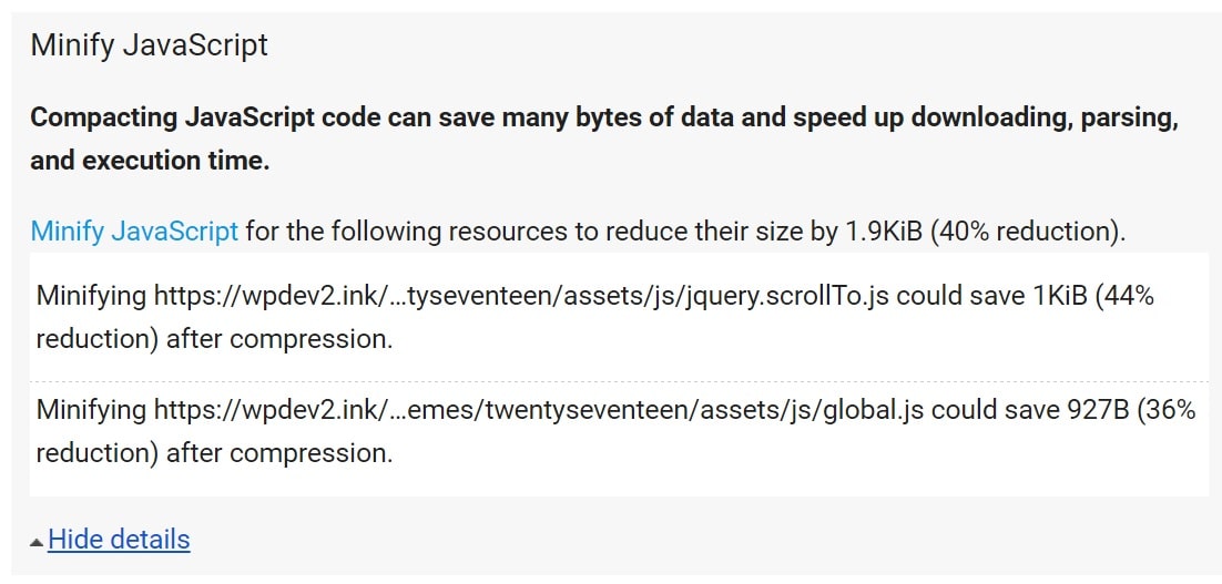 Minify JavaScript warning Minify JavaScript advarsel