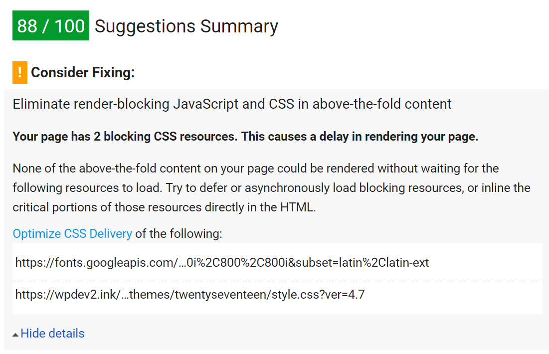 Optimize CSS delivery warning Optimer CSS Delivery advarsel