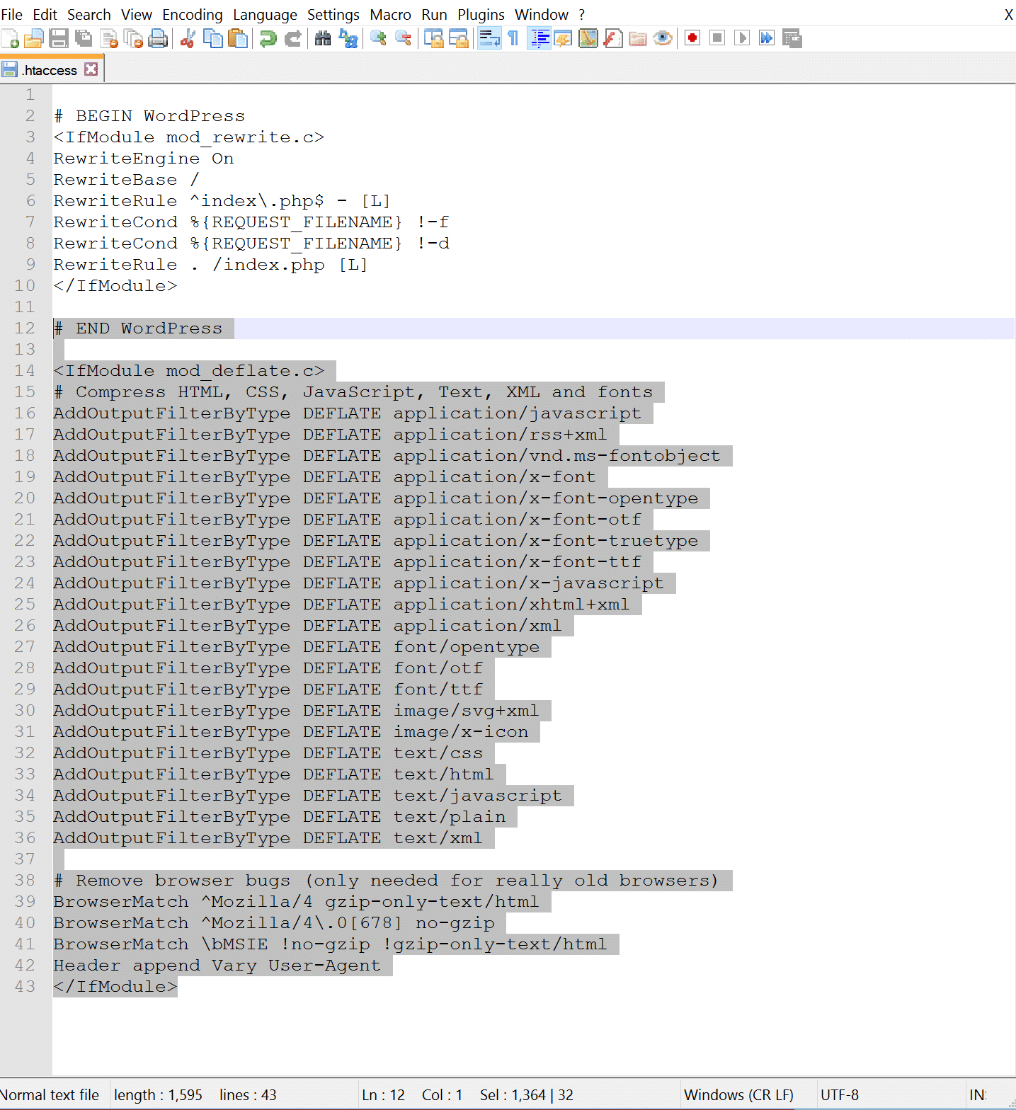 Eksempel på GZIP Apache. Htaccess-kode