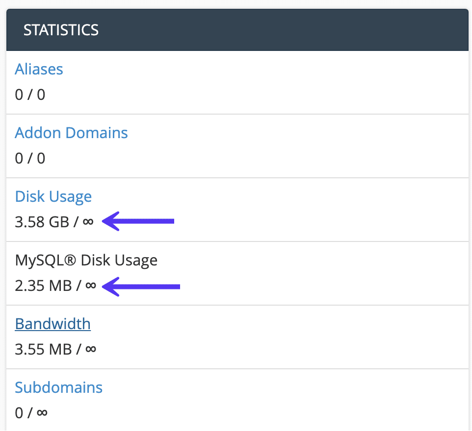 cPanel diskbrug oversigt