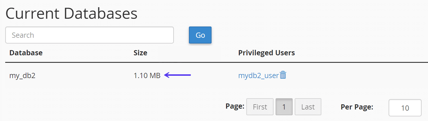 cPanel MySQL database størrelse