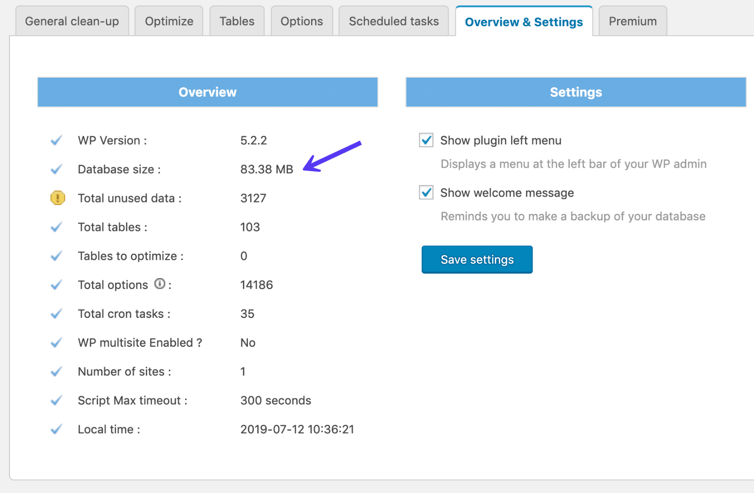 Samlet databasestørrelse i plugin