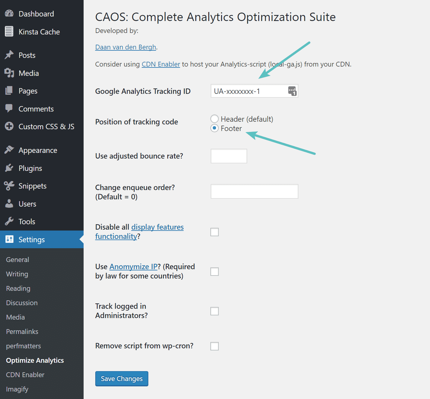Indstillinger til at synkronisere Google Analytics lokalt