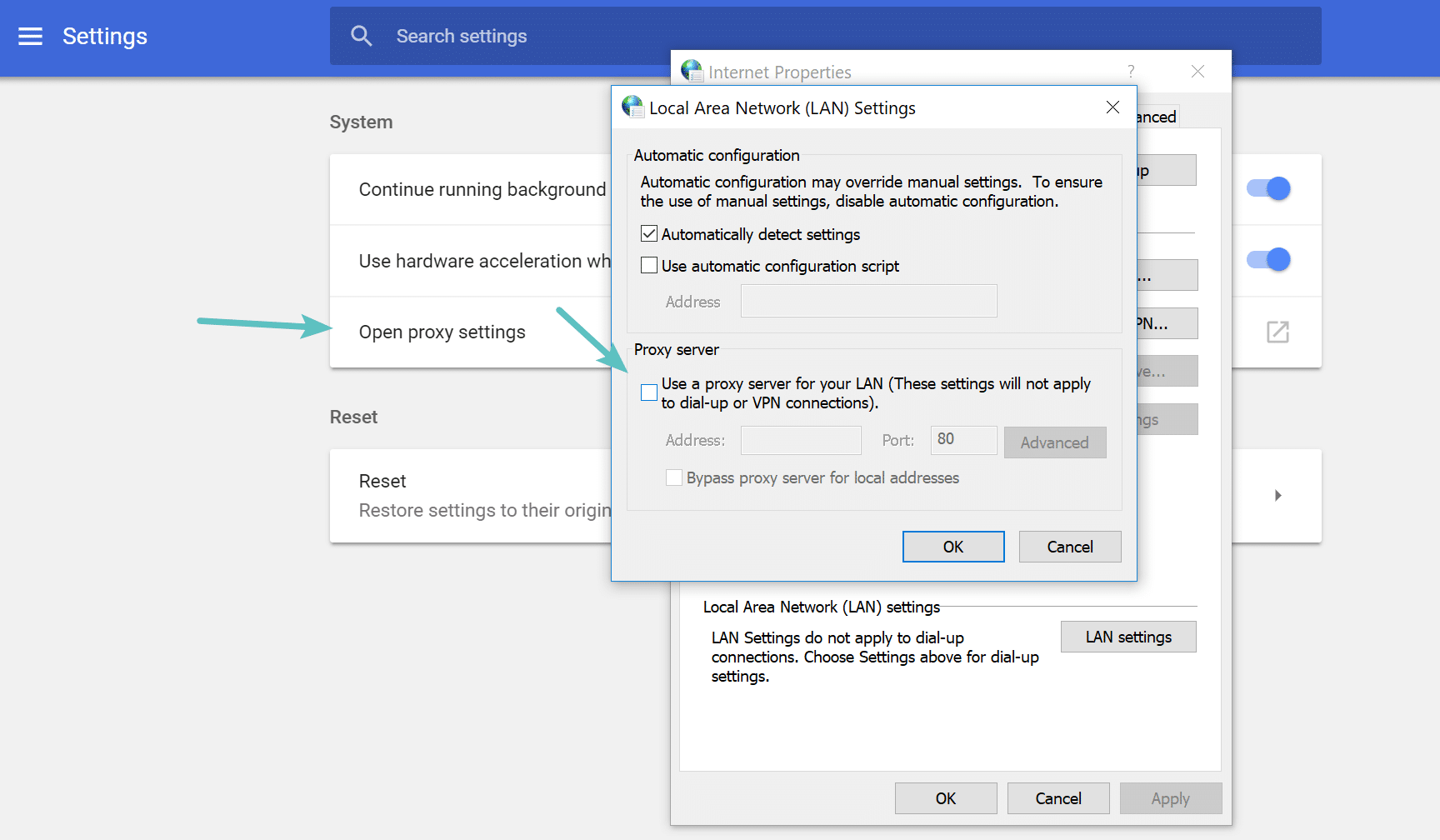  Deaktiver Chrome proxy-indstillinger