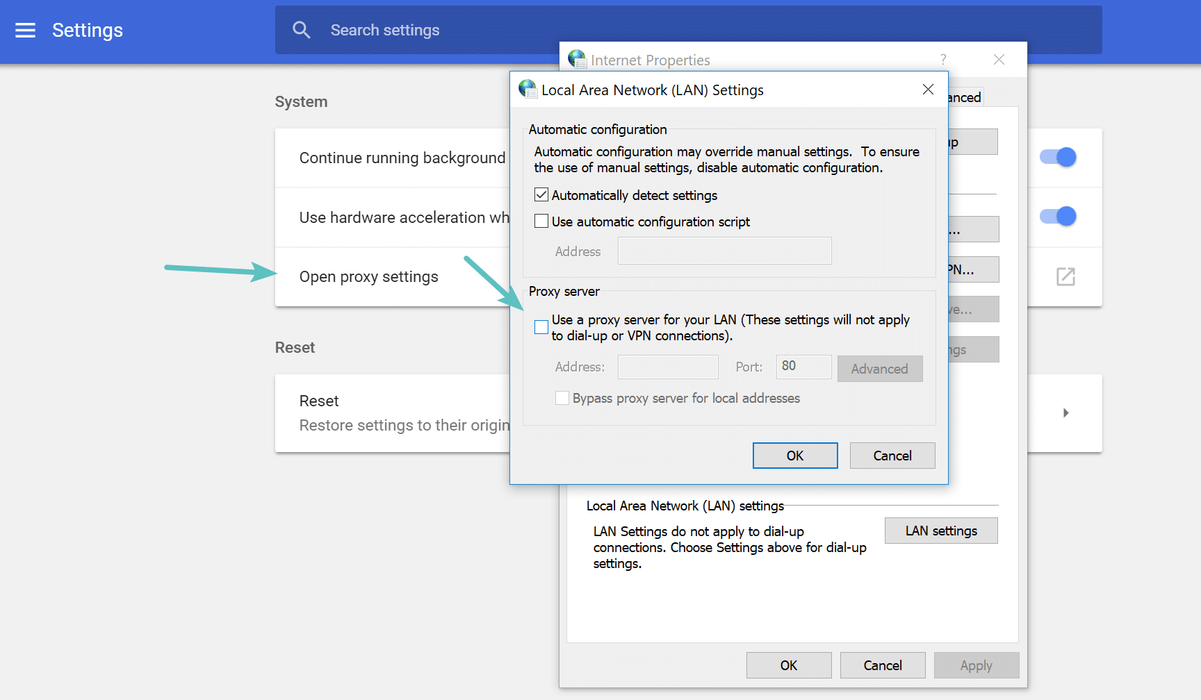 Deaktiver Chrome proxy-indstillinger