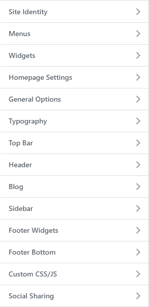 Fuld liste over indstillinger for Customizer