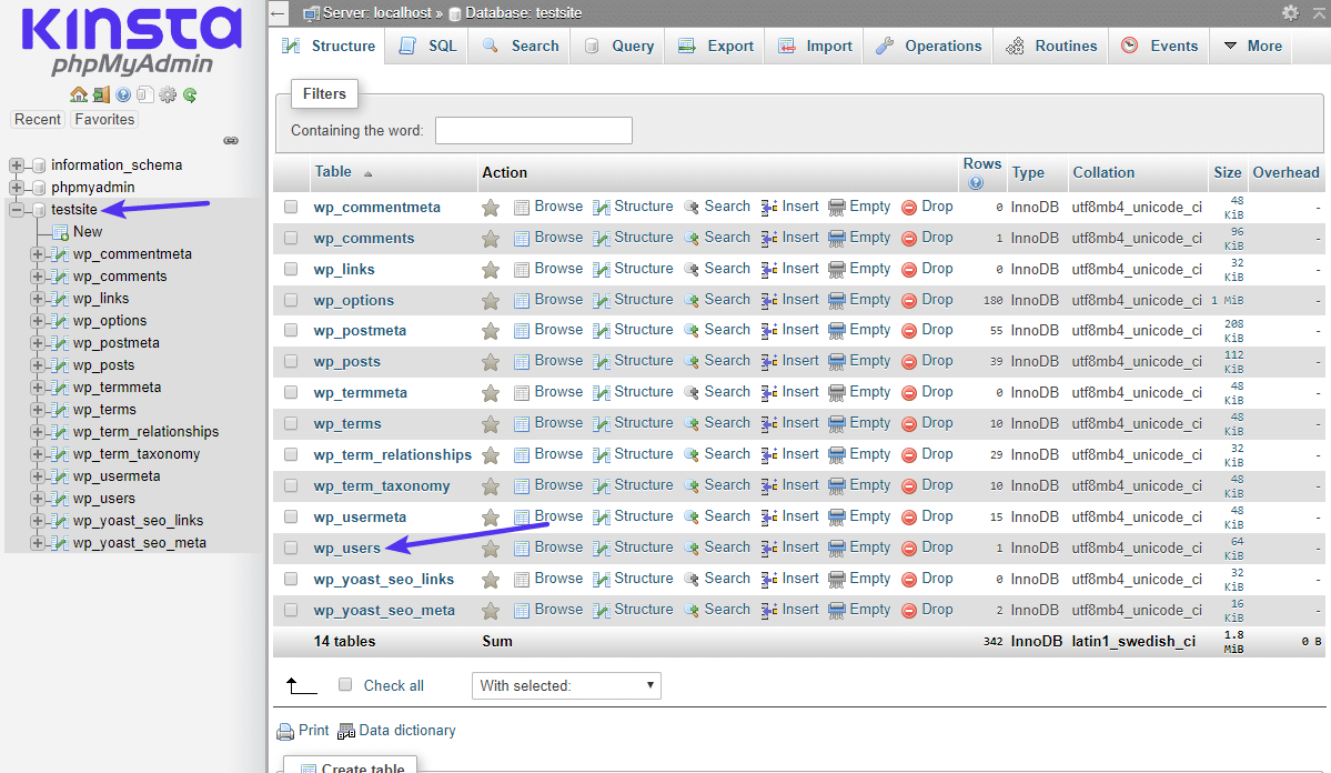 Vælg wp_users-tabellen