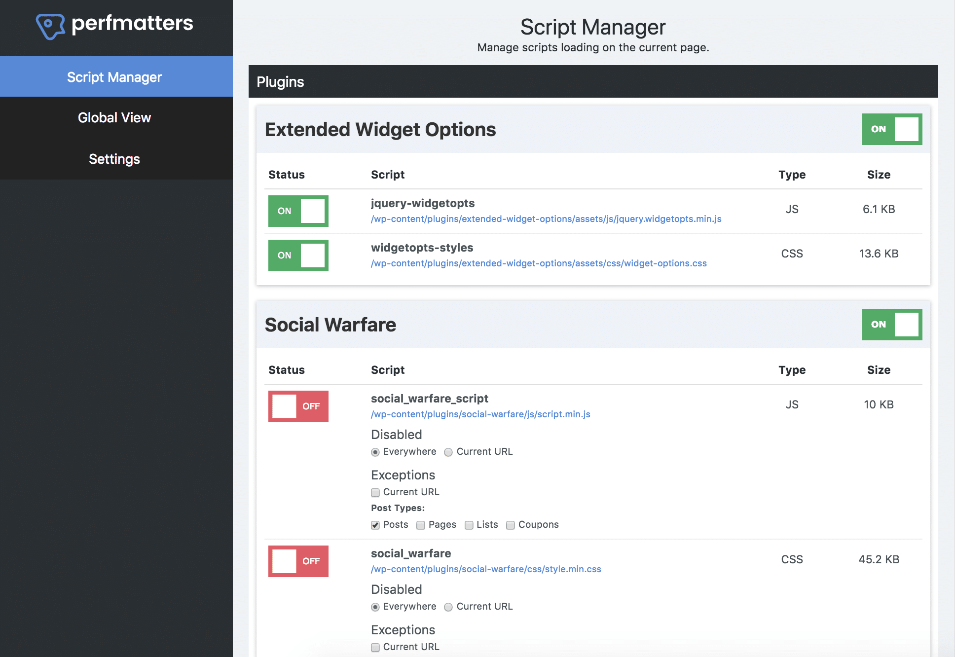 Perfmatters script manager