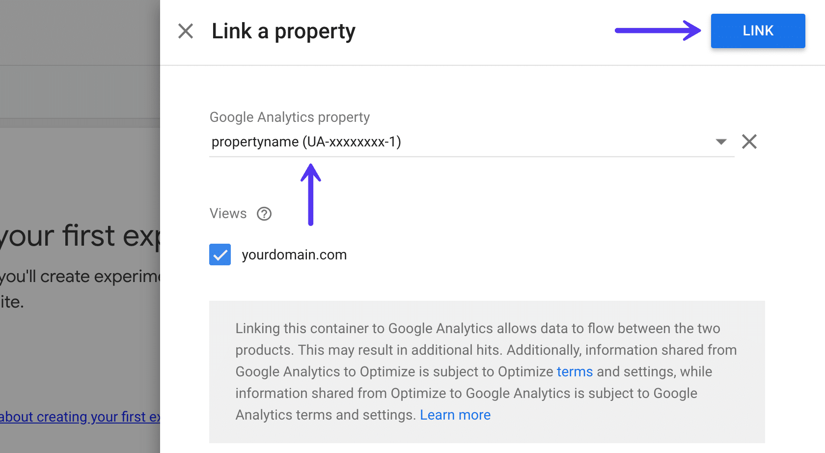 Link en ejendom i Google Optimize