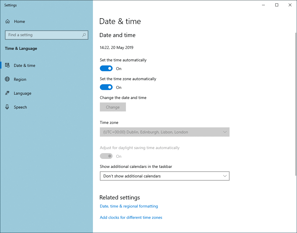 Præferencer for dato og tid i Windows 10
