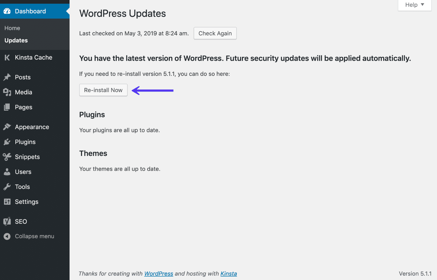 WordPress dashboard geninstaller nu mulighed