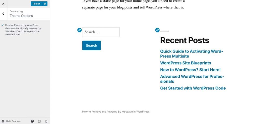 “Powered by WordPress” fjernet fra footeren til temaet Twenty Nineteen