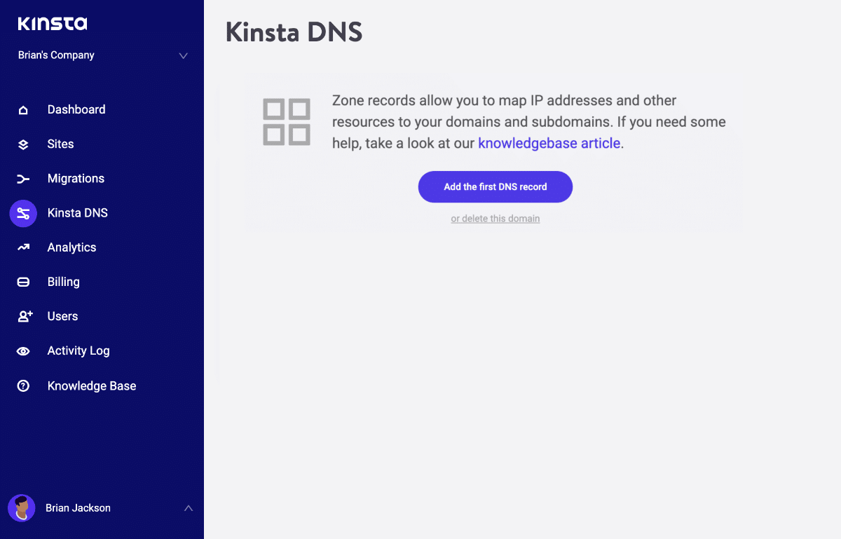 Tilføj din første DNS record i MyKinsta