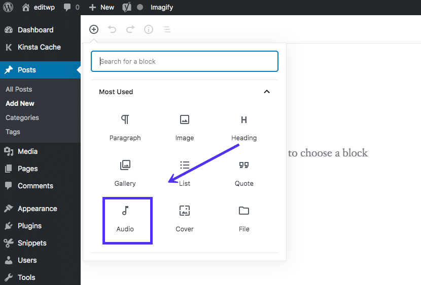 Sådan tilføjes en lydblok i Block Editor