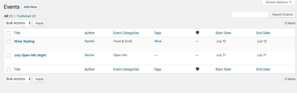 Events oprettet af plugin til Events Calendar