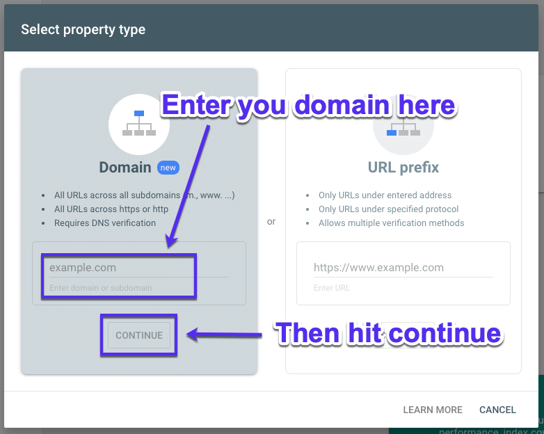 Føj dit domæne til Google Search Console