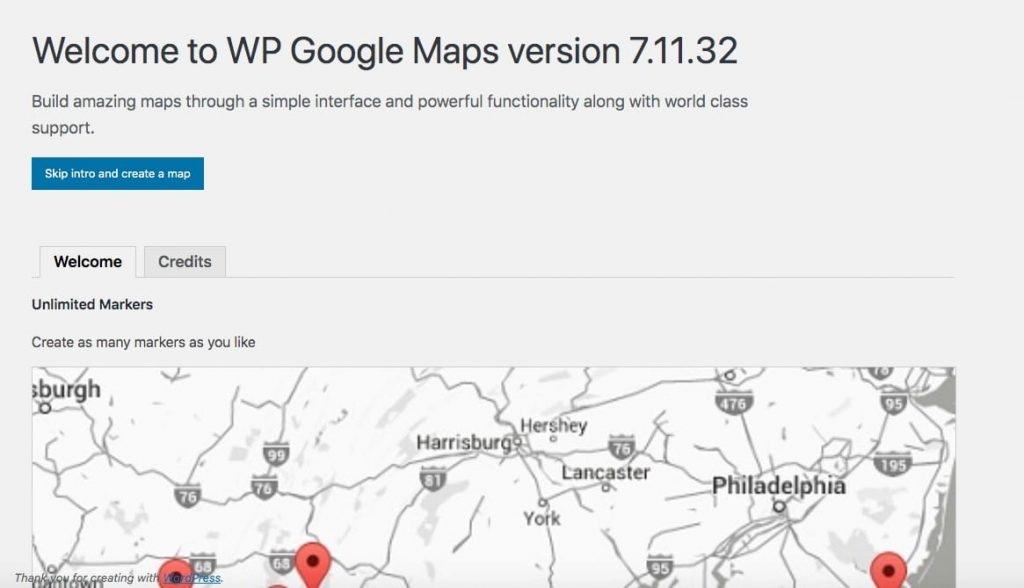 Et map oprettet af WP Google Maps-plugin