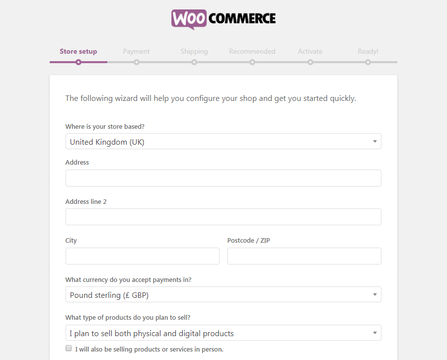 WooCommerce Store installationssiden