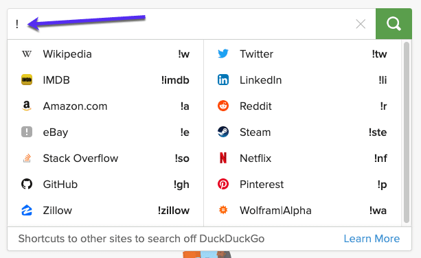 Bang søgning med DuckDuckGo