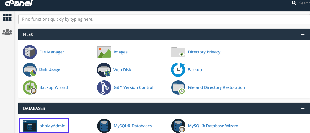 Du kan komme til phpMyAdmin gennem cPanel