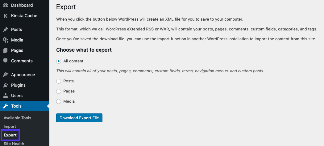 Eksport af WordPress-webstedsindhold fra admin-dashboardet
