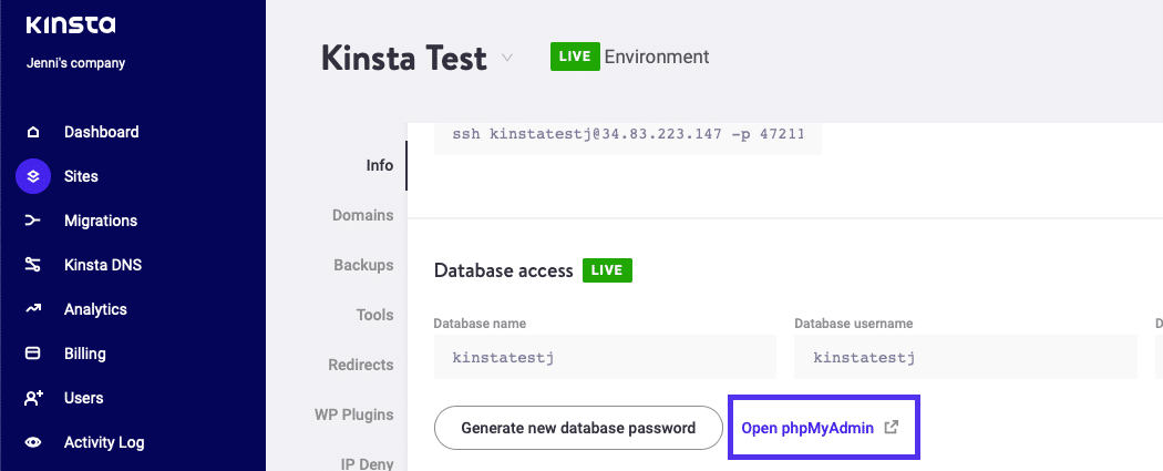 Du kan åbne phpMyAdmin fra din MyKinsta-konto.