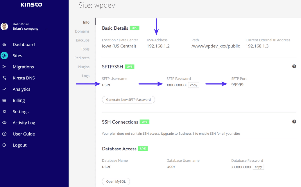 Få dine SFTP-detaljer i MYKinsta