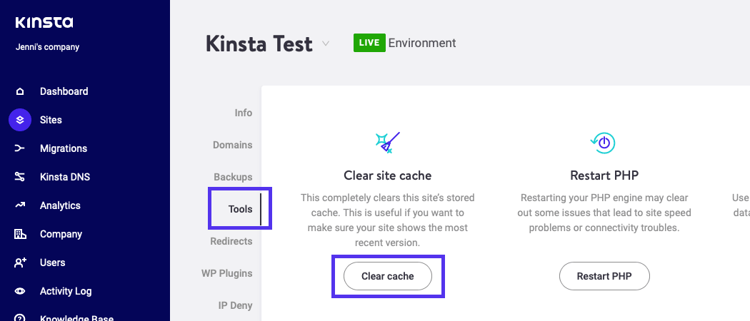 Du kan rydde dit websteds cache ved hjælp af MyKinsta.