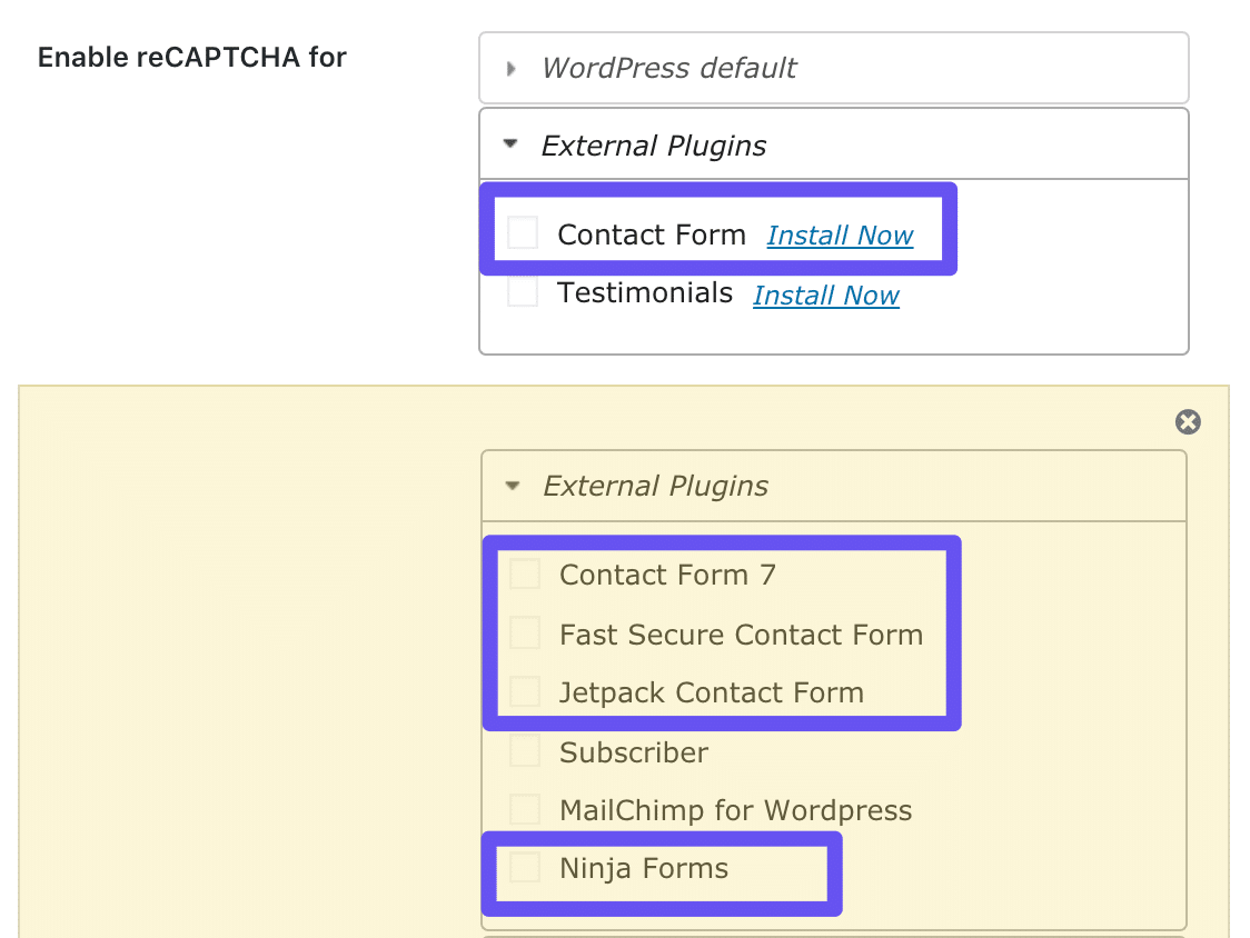 Indstillingerne for gratis contact form og premium-formular i Google Captcha-plugin