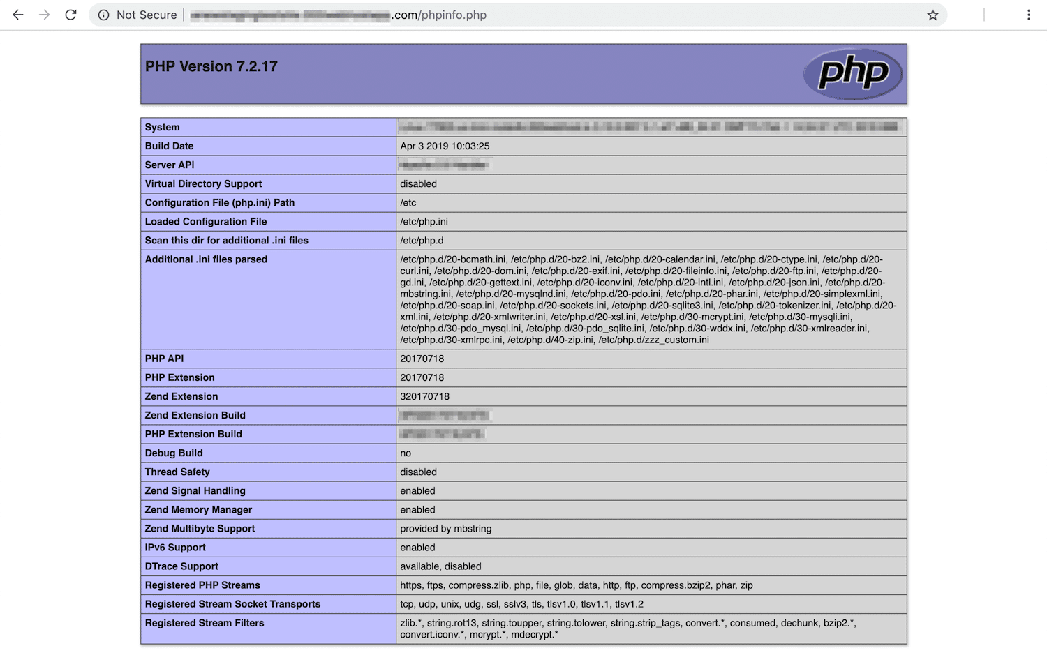 Sådan ser phpinfo-siden ud