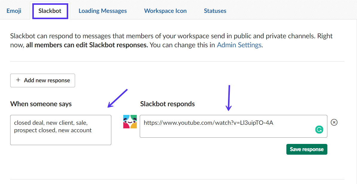 Slackbot brugerdefineret svar