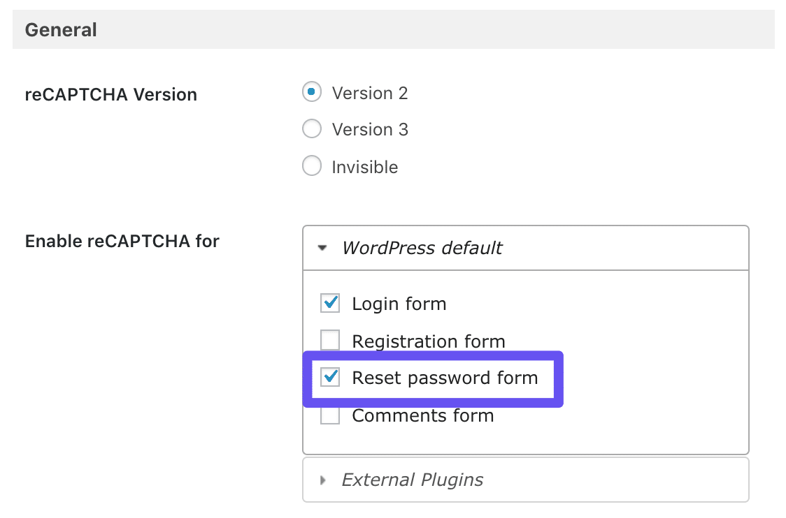 Valgmuligheden Rest password form i Google Captcha plugin